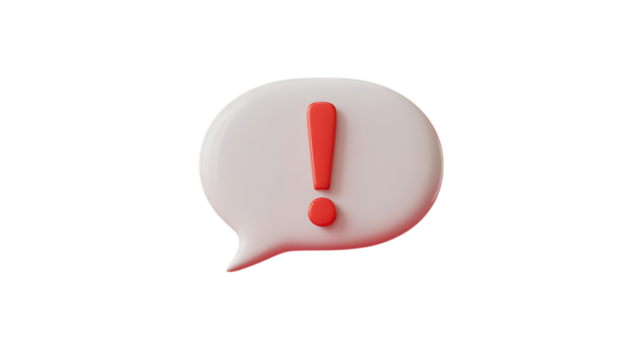 A 3d rendered white speech bubble with a red exclamation mark on a black background