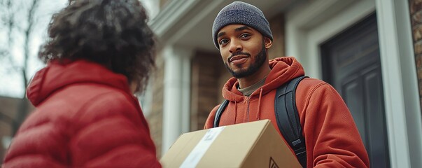 Delivery man handing over a package to a client at the doorway, fulfilling a delivery during an at-home service., Generative AI