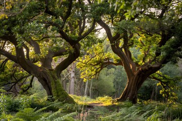 Fototapeta premium Ancient oak trees in a sunlit forest path