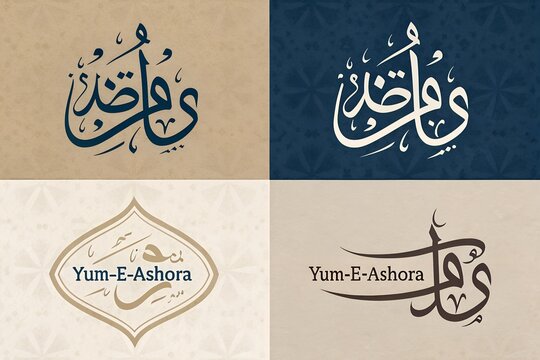 Yum-E-Ashora Arabic Calligraphy Designs, Four Variations, Beige and Blue Backgrounds