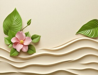 Pastel pink flower and leaves on beige textured background