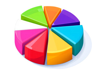 Colorful Pie Chart with Segmented Sections in vibrant colors representing data visualization, statistics, analysis, and business insights on a white background