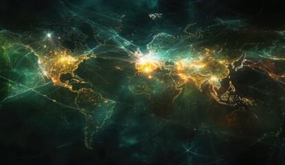 Global network map, glowing continents, abstract lines