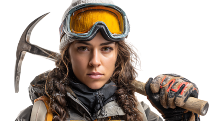 Determined Female Mountaineer with Ice Axe Ready for Adventure in Snowy Landscape