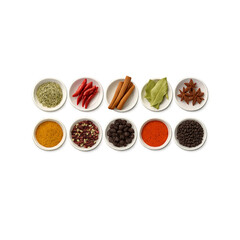 Assorted Indian Spices in Small White Bowls Isolated on White Background – Culinary PNG Set