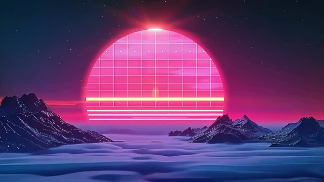 Synthwave sun over mountains and clouds in retro grid
