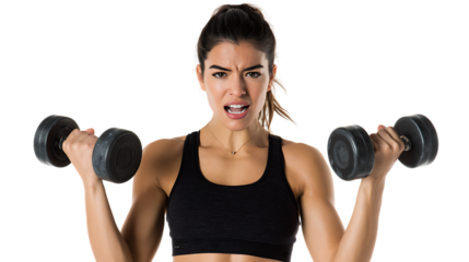 Strong Fit Woman Holding Dumbbells with Intense Expression for Fitness and Workout Concept