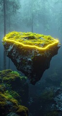 Floating rock island in misty forest, outlined by glowing yellow line. Lush greenery, dark tones