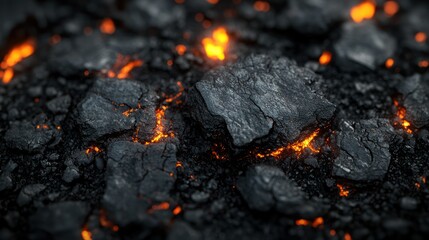 Burning coal embers glow between black rocks