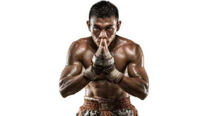 Intense Male Boxer in Prayer Pose with Focused Expression and Athletic Build