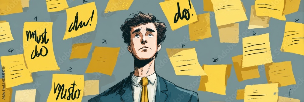 Aufkleber feeling overwhelmed by endless tasks and reminders in a chaotic workspace filled with sticky notes