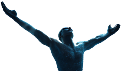 Powerful expression of freedom and joy from a male figure with arms raised in a dynamic and vibrant pose