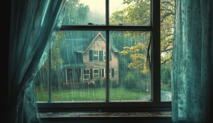 Rainy day view from an old window