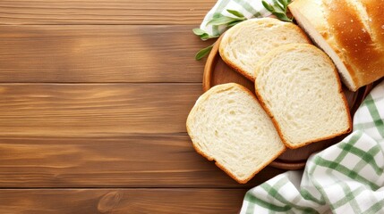 Sliced Loaf on Rustic Table: A close-up shot of fresh slices of bread, artfully arranged on a wooden plate atop a rich, warm wooden table, accompanied by a checkered cloth