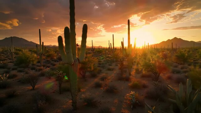 Sonoran Desert sunset with saguaro cacti silhouettes