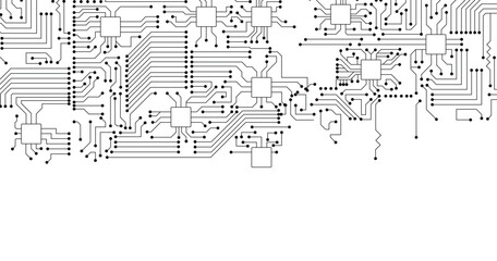 Obraz premium Computer motherboard vector background with circuit board electronic elements. Electronic texture for computer technology, engineering concept. Motherboard integrated computing illustration. 
