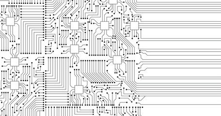 Black lines and dots on white background. Seamless circuit board.  Circuit board vector design illustration. 