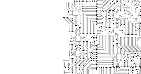 Computer motherboard vector background with circuit board electronic elements. Electronic texture for computer technology, engineering concept. Motherboard integrated computing illustration. 