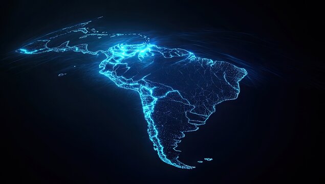 A glowing, stylized map of the Americas.  Light blue lines outline continents,  emphasizing  geographical features.  Dark background