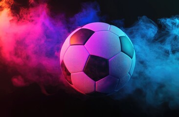 Naklejka premium Soccer ball in vibrant neon smoke