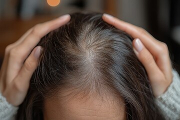Naklejka premium Hair loss concern: Asian woman looking at her scalp, worried about balding and hair thinning., Generative AI