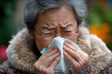 Close-up of an Asian woman sneezing into a tissue due to allergies, reacting to environmental factors in her home., Generative AI
