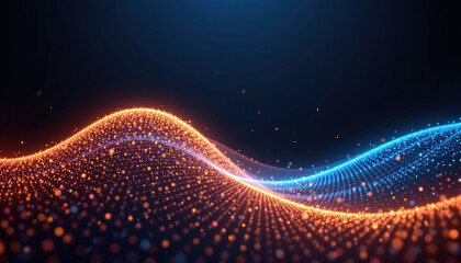 Vibrant waves of orange and blue light create mesmerizing visual effect, showcasing dynamic flow of particles in dark background. This evokes sense of energy and movement