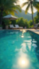 Soft focus, shimmering water, blurred poolside landscape, patio, blurred lines