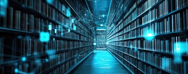 Digital library with glowing data