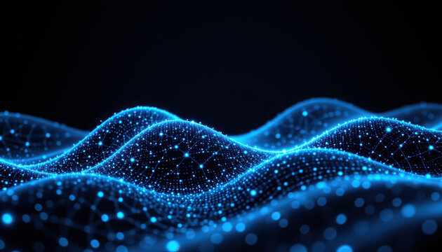 Mesmerizing digital landscape showcases glowing blue waves, interconnected by luminous dots, creating sense of depth and movement in futuristic setting