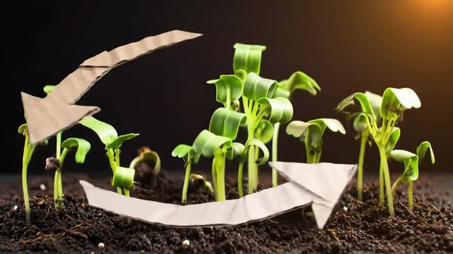 Seedlings growing in rich soil with cardboard arrows symbolizing a circular process