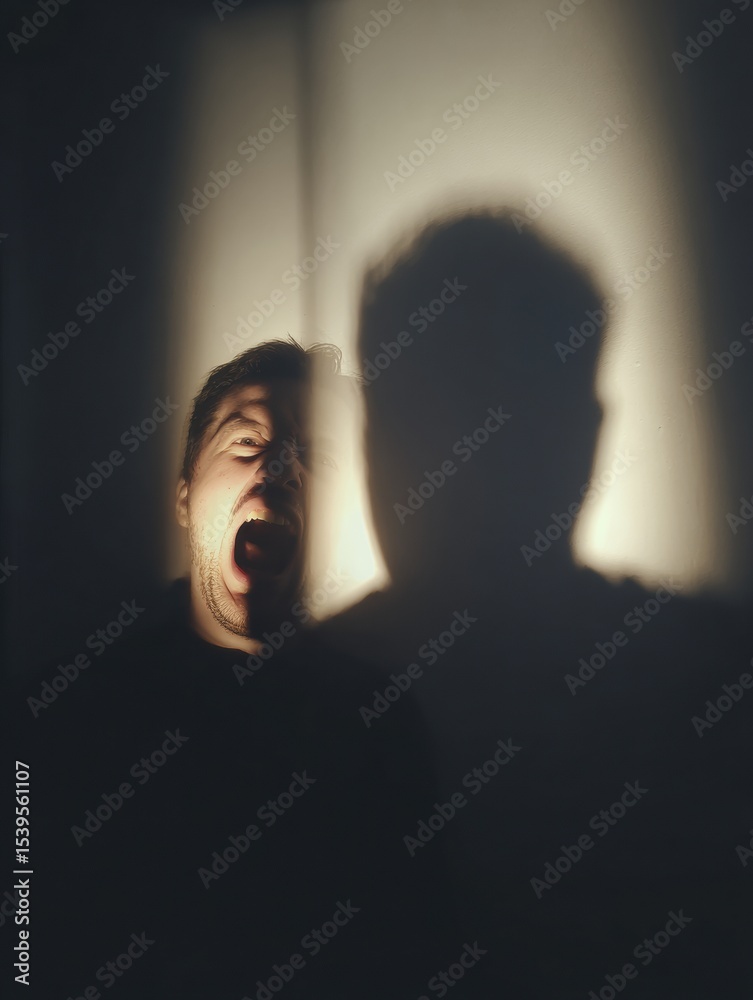 Poster Shadow Casting Dramatic Contrast as Calm Individual Appears in Foreground While Yelling Self Projects in Background During Evening Lighting