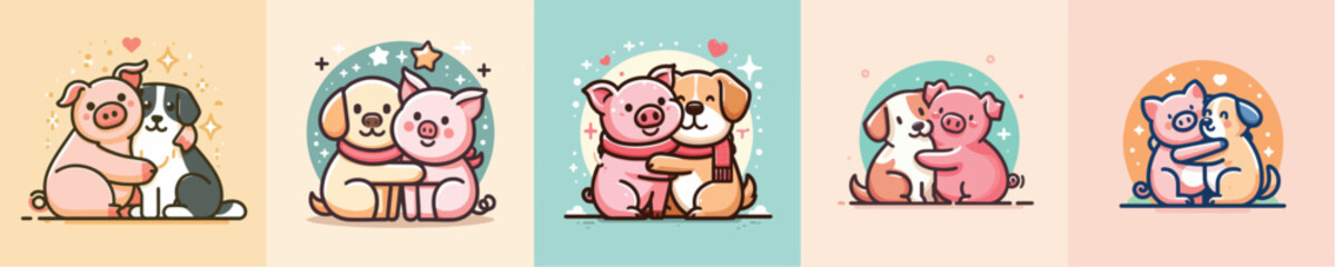 image vector pig and dog hugging flat design