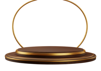 Elegant wooden display podium with golden accents on black background for product presentation