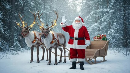 Santa Claus waving hand with a joyful expression in front of a reindeer sleigh in a winter wonderland - Powered by Adobe