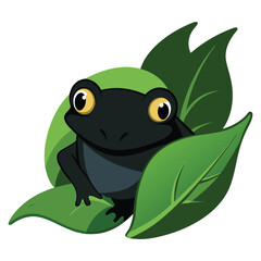 Adorable smiling frog hiding playfully behind lush jungle leaves.eps