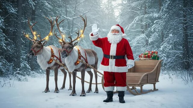Santa Claus waving hand with a joyful expression in front of a reindeer sleigh in a winter wonderland