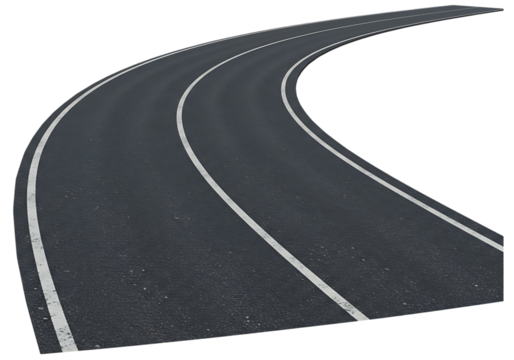Curving road with white lane markings against a dark background perspective view