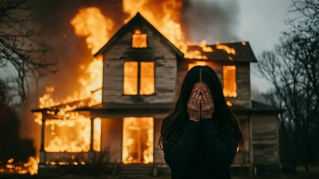 Young woman covering her face with hands in despair in front of a burning house