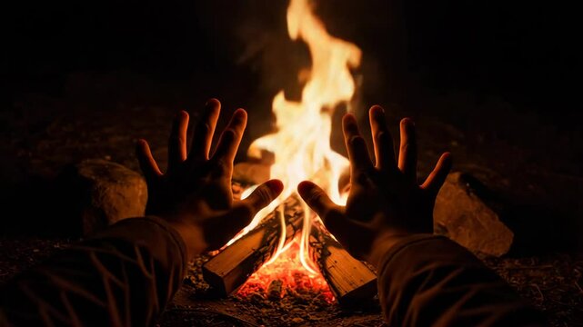 Camping fire warming hands in a first-person perspective at night in a dark forest