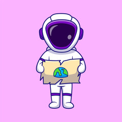 Cute Cartoon Astronaut Holding a Map of Earth – Space Exploration Vector Illustration.