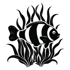 Obraz premium Elegant black silhouette illustration of a clownfish gracefully swimming through flowing seaweed strands (2).eps