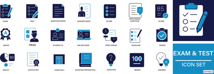Exam and Test Icon Set Education, Assessment, Quiz and Result