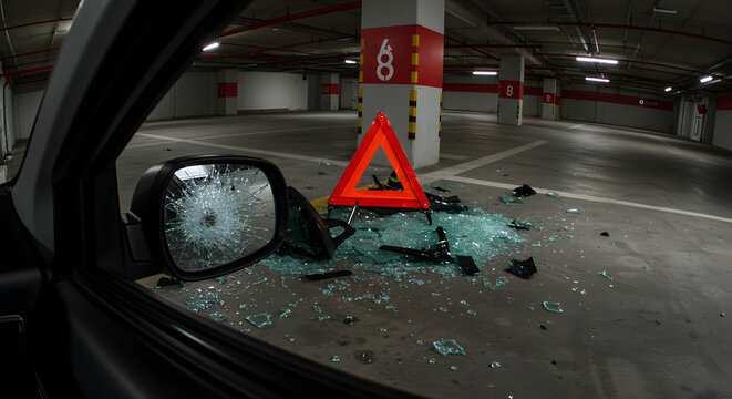 Broken Car Mirror in Parking Garage