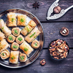 Turkish delights baklava on wooden table
