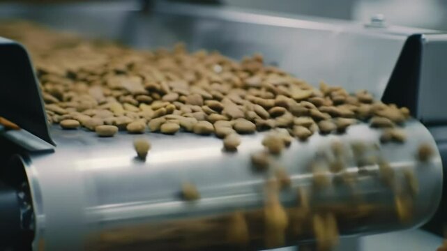 Pet food kibble moves along a stainless steel conveyor belt in a factory setting.