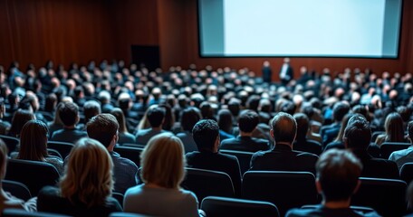 Large audience seated in a lecture hall, attentively listening to a presentation.  Speaker visible at the front, projected screen in the background.  Full hall