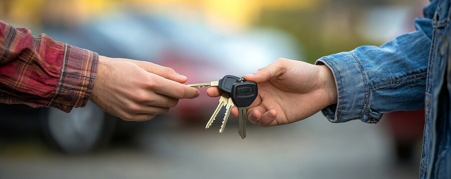 Car rental service concept: Close-up of a rental agent handing over the car keys to a customer after signing the rental contract., Generative AI