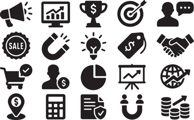 A collection of black and white business and finance icons, including sales, growth charts, trophies, targets, handshakes, shopping carts, pie charts, and global growth symbols, ideal for marketing, f