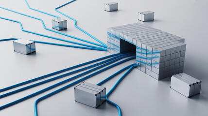 Network of blue cables connects to central cube structure, symbolizing data flow and connectivity